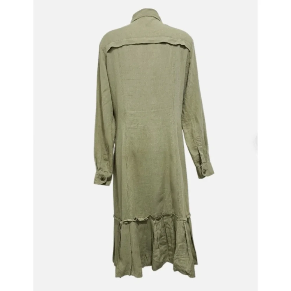Weekend Max Mara Linen Lagenlook Olive Green Shirt Midi Dress Size 4 - Picture 2 of 8